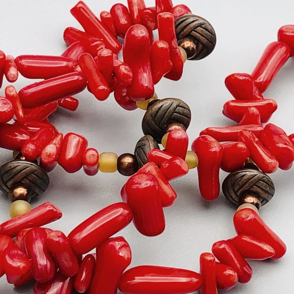 Vintage Red Coral Necklace Glass Metal Bead Accents 20‎ Inch Strand Coastal Boho